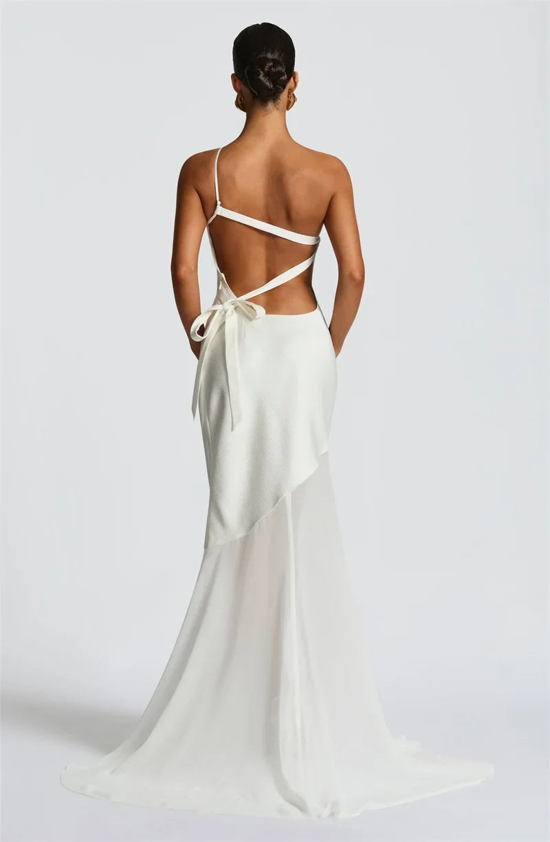 One Shoulder Backless Sexy Maxi Dress Women Gown Fashion Patchwork Sleeveless Bodycon Club Party Long Dress Elegant