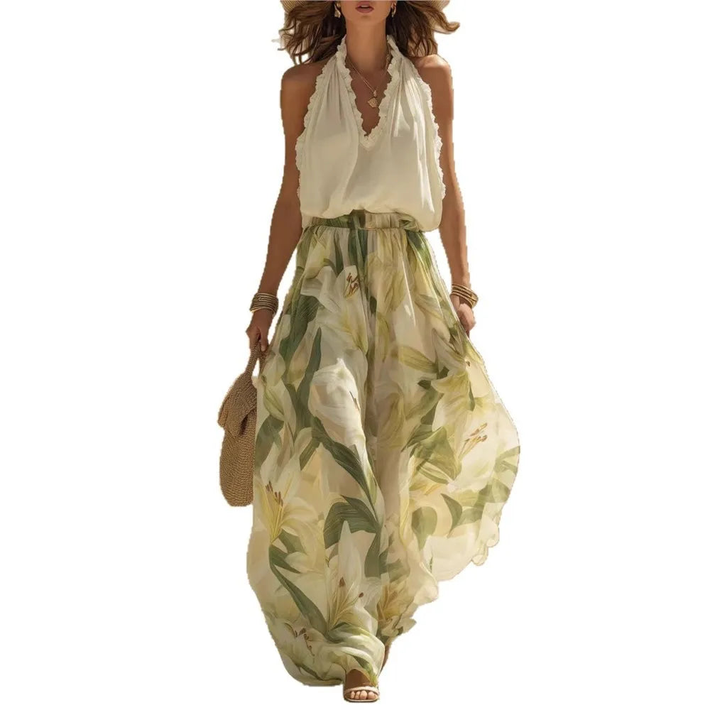 Ruffle Fashion Printed Trousers 2-piece Set Spring Summer New Women's Sexy V-neck Halterneck Waist Trousers Set Костюм Женский
