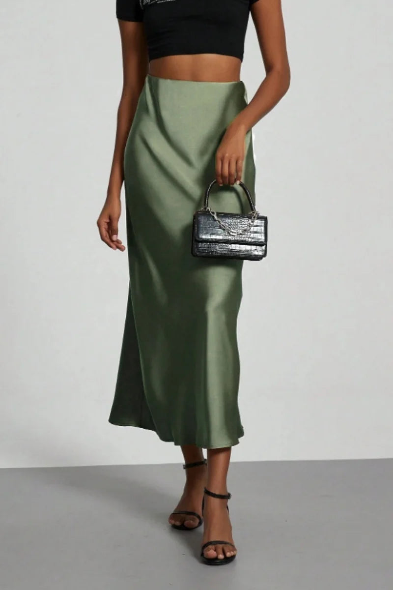 Women's Summer High Waist Silky Satin Draped Midi Mermaid Skirt Solid Flowly Bias Cut Long Slip Skirt Elegant Casual Bottoms