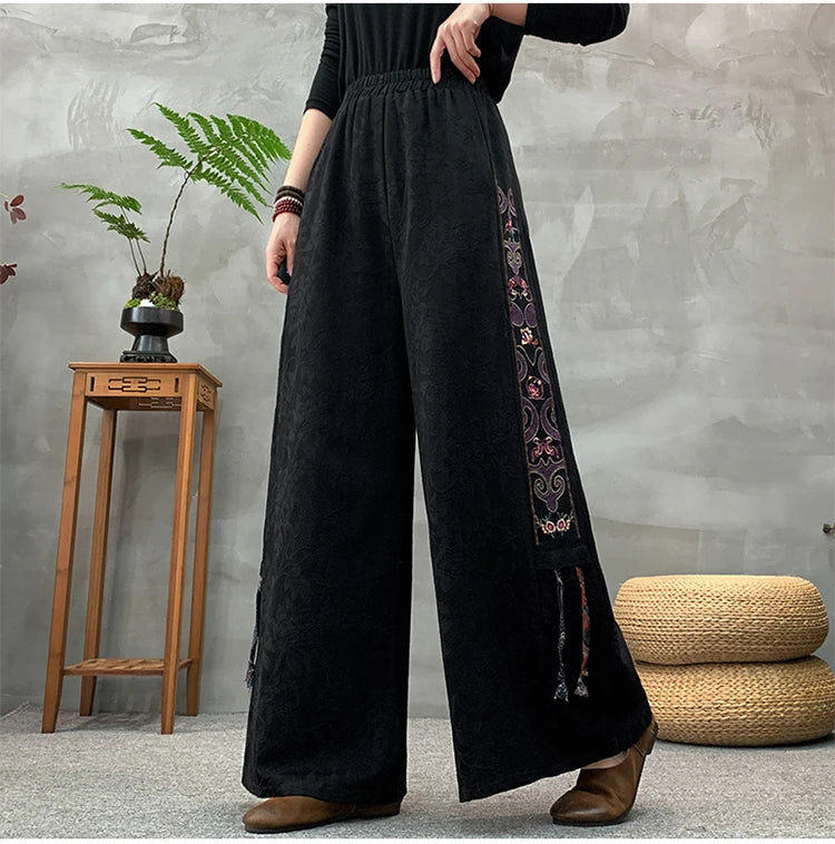 Ele Embroidered Cotton Linen Wide Leg Pants Women's Casual High Waist Trousers Spring Autumn New Sle Comfortable Loose Fit