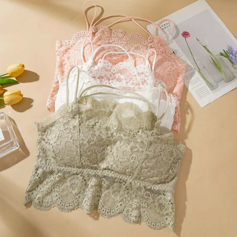 Ladies' Summer Sexy Backless Lace Camisole Underwear Underwire Bra Without Steel Rings Shoulder Straps For Support Breathable