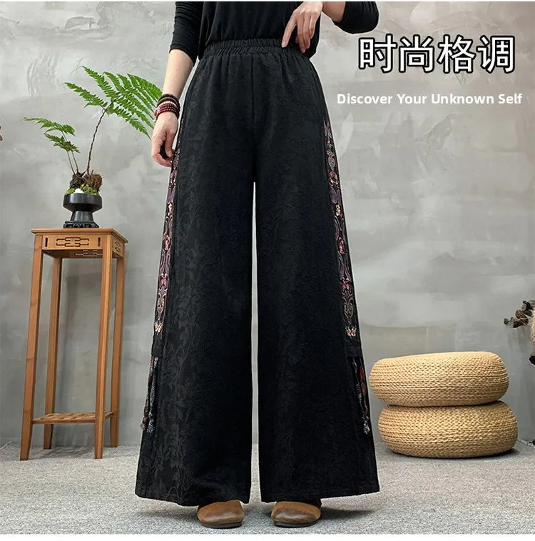 Ele Embroidered Cotton Linen Wide Leg Pants Women's Casual High Waist Trousers Spring Autumn New Sle Comfortable Loose Fit