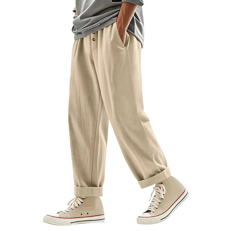 Men's Boho Linen Blend Wide Leg Pants High Waist Drawstring Button Fly Loose Fit Trousers with Side Pockets