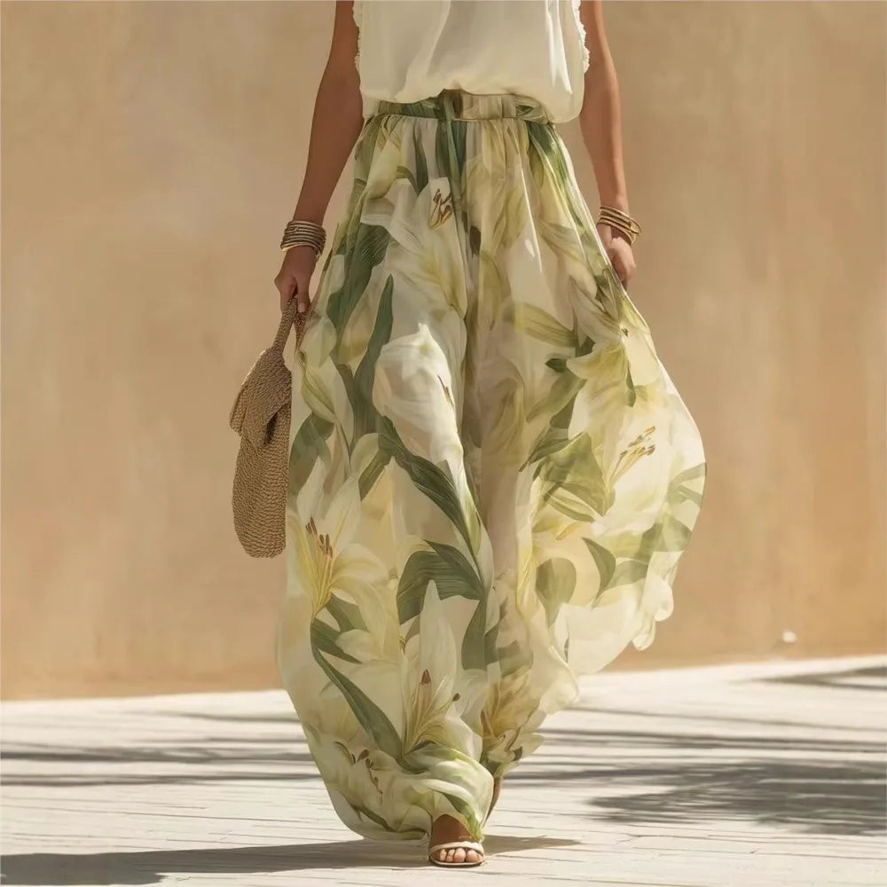 Ruffle Fashion Printed Trousers 2-piece Set Spring Summer New Women's Sexy V-neck Halterneck Waist Trousers Set Костюм Женский