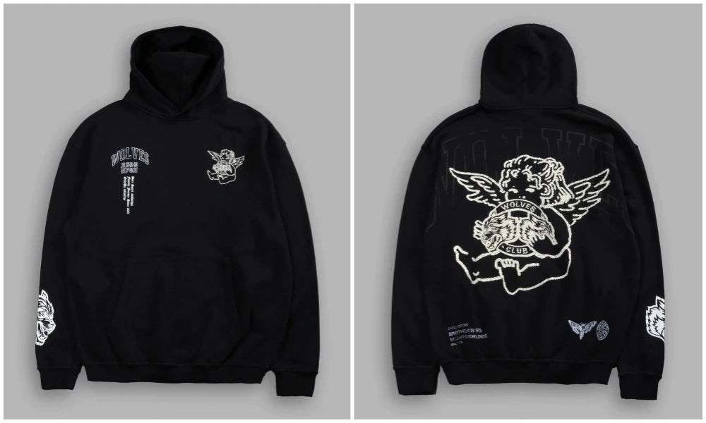 NEW Men Oversized Hoodies Eye Wings Wolves Print Vintage Heavyweight Pullover Streetwear Gothic Loose Hip Hop Hooded Sweatshirts