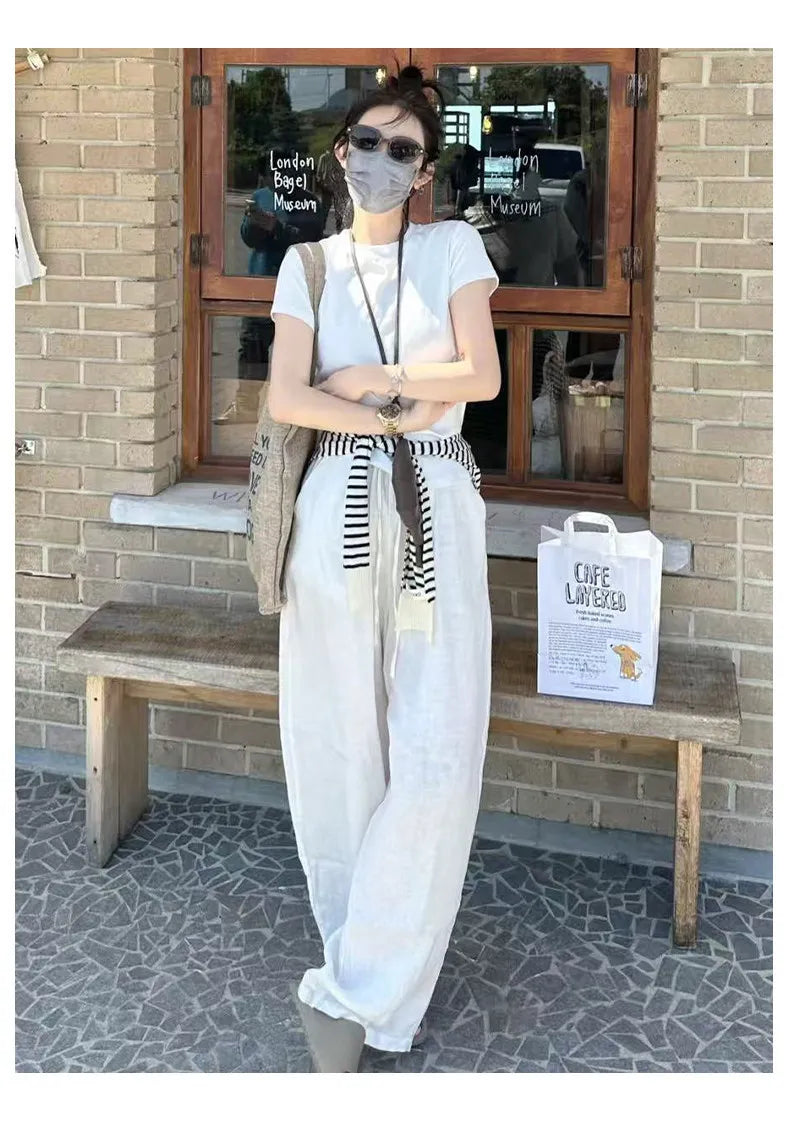 Women Navy Blue Cotton Linen Straight Wide Leg Pants 2026 New Thin High Rise Loose Lazy Fit Spring Summer Daily Casual Trousers