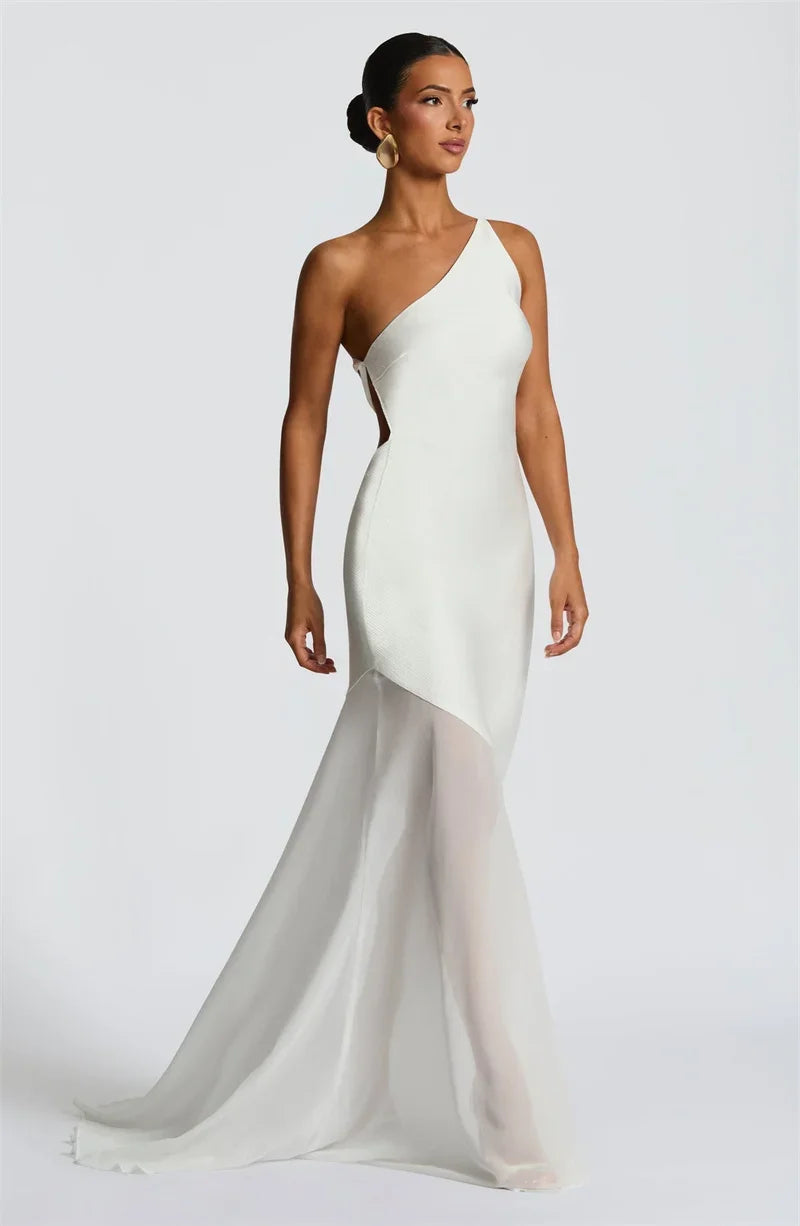 One Shoulder Backless Sexy Maxi Dress Women Gown Fashion Patchwork Sleeveless Bodycon Club Party Long Dress Elegant