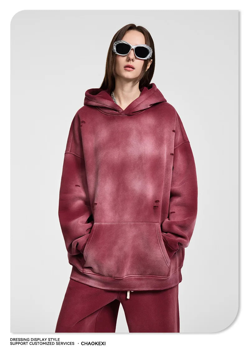 Oversized Hoodies Men Vintage Streetwear Acid Wash Ripped Hoodie Heavyweight Fleece Sweatshirt Pullover Thickened Winter Clothes
