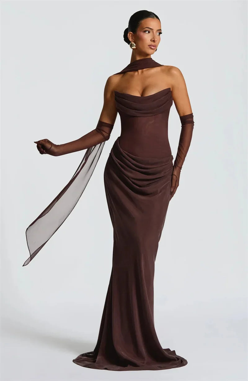 Off-shoulder Backless Sexy Maxi Dress Women Gown Elegant Scarf Collar Strapless Sleeveless Bodycon Club Party Dresses