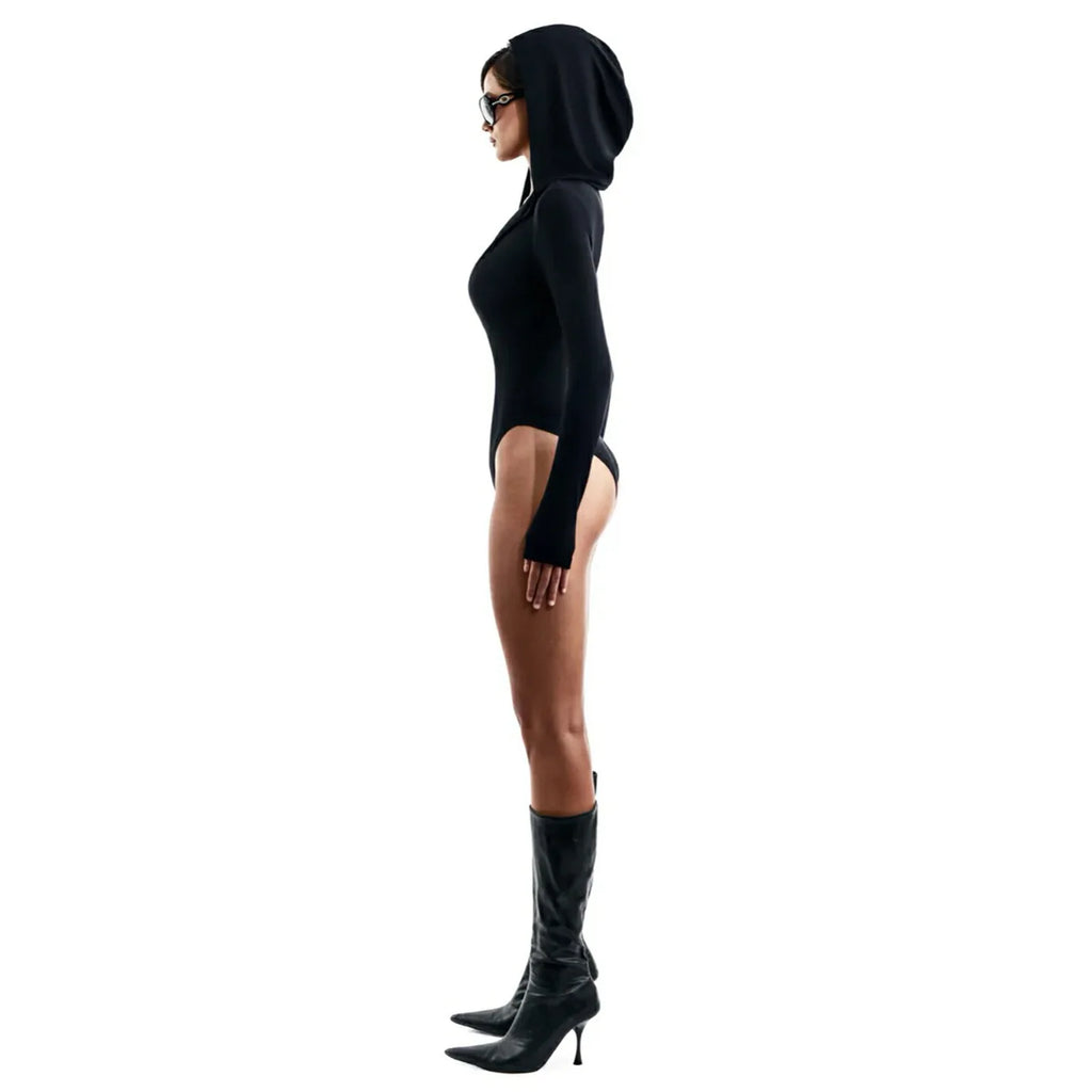 Hooded Bodysuit V-neck Body Feminino Long Sleeve Lingerie Sexy Tops Women Y2k Clothes Solid Black One-pieces Bustier Rave Outfit