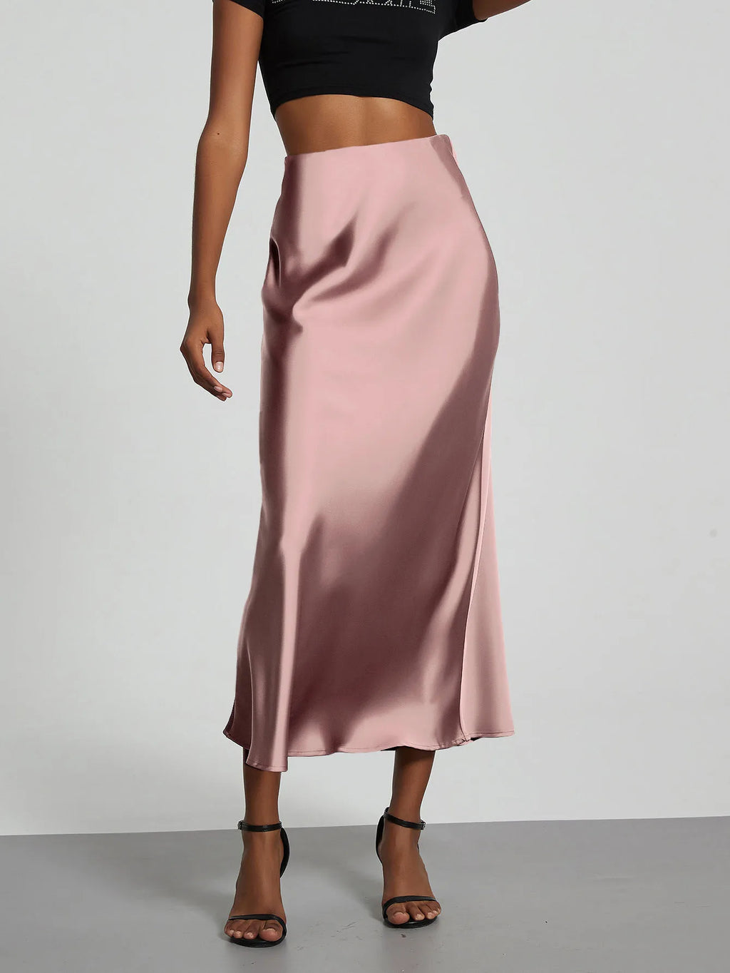 Minimalist Satin Midi Skirt  High Waist Bias Cut Flowy Hem Top for Office & Casual Streetwear