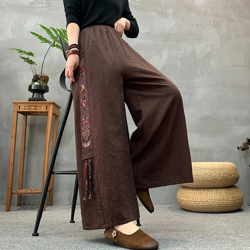 Ele Embroidered Cotton Linen Wide Leg Pants Women's Casual High Waist Trousers Spring Autumn New Sle Comfortable Loose Fit