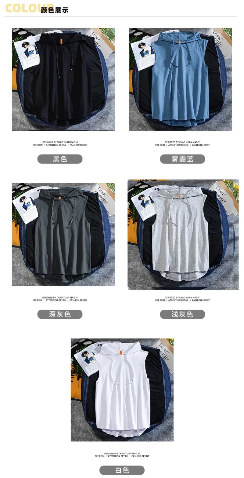 Summer new men's casual sleeveless T-shirt Hooded Vest loose cotton waistcoat men's wear