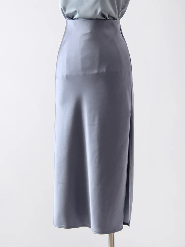 Midi Satin Skirts Women Luxury Summer Black Formal Silk Office Skirt With Slit A Line Green Midi Skirt Burgundy Women Elegant