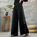 Ele Embroidered Cotton Linen Wide Leg Pants Women's Casual High Waist Trousers Spring Autumn New Sle Comfortable Loose Fit