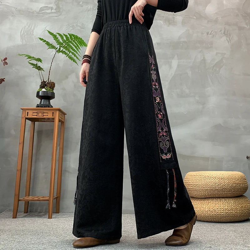 Ele Embroidered Cotton Linen Wide Leg Pants Women's Casual High Waist Trousers Spring Autumn New Sle Comfortable Loose Fit
