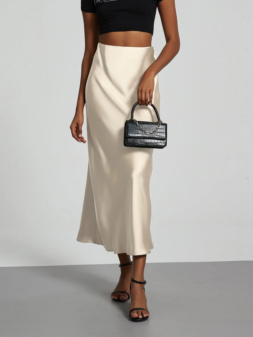 Minimalist Satin Midi Skirt  High Waist Bias Cut Flowy Hem Top for Office & Casual Streetwear