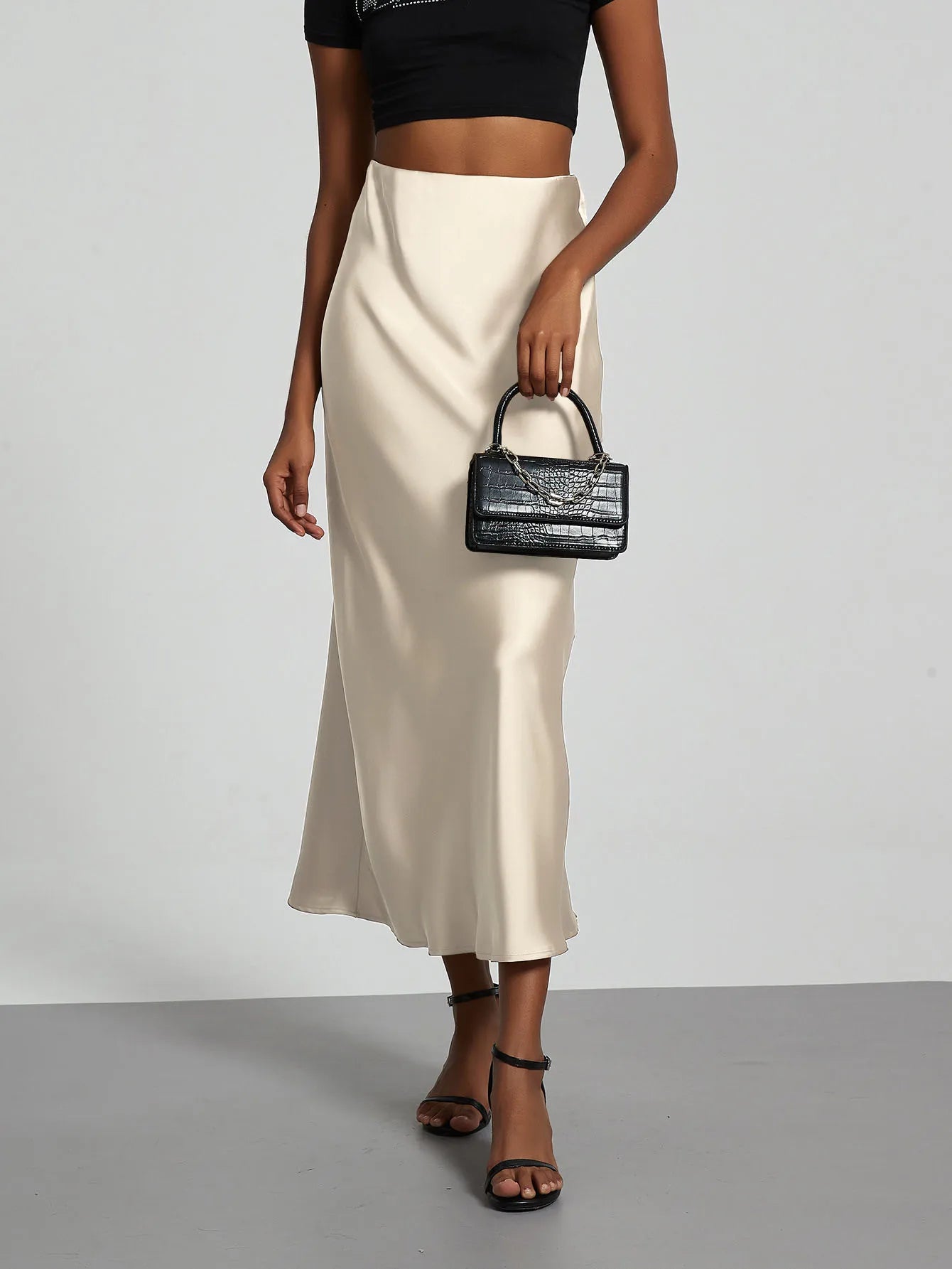 Minimalist Satin Midi Skirt  High Waist Bias Cut Flowy Hem Top for Office & Casual Streetwear