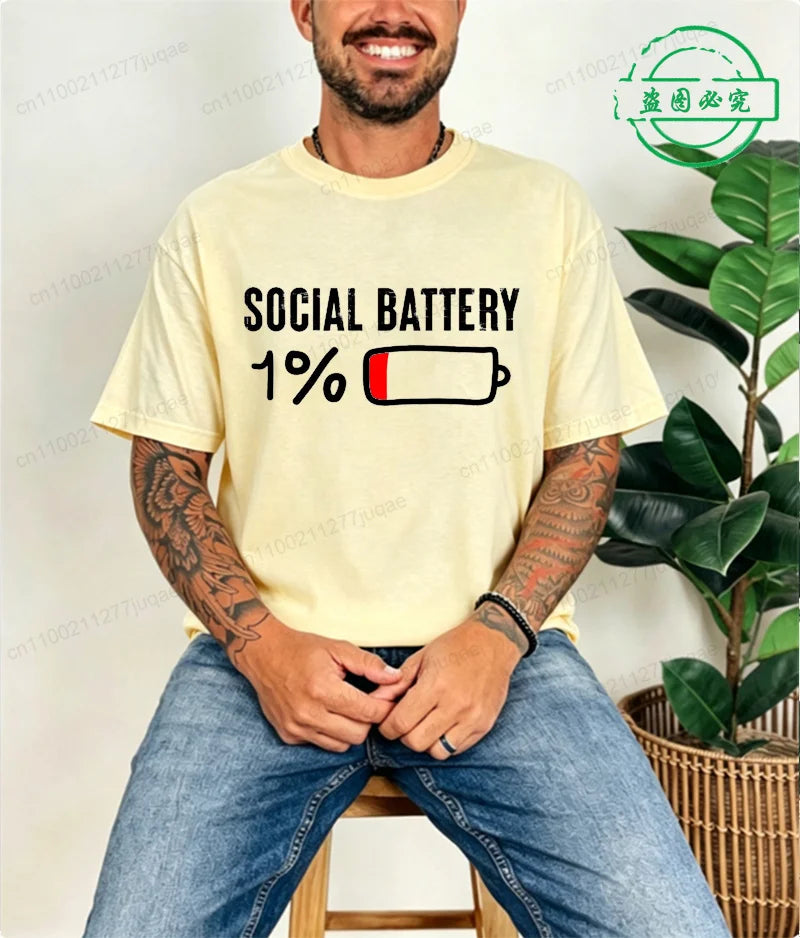 T-shirt for Men Social Battery 1 Percent Funny Introvert T Shirt Men Tops Casual Clothing Oversize Vintage Clothes Trend Tshirt