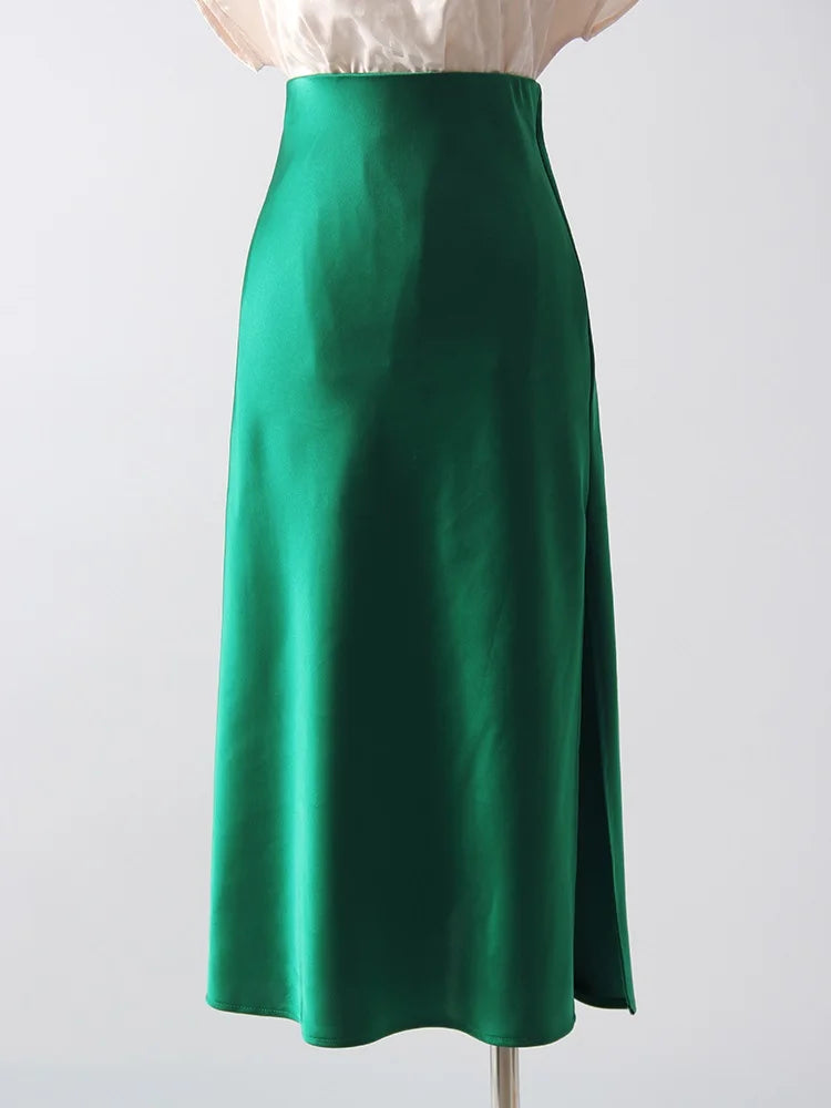 Midi Satin Skirts Women Luxury Summer Black Formal Silk Office Skirt With Slit A Line Green Midi Skirt Burgundy Women Elegant