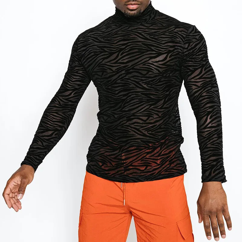 Men's T Shirt Perspective Turtleneck Long-sleeved Lace Tight Fitting T-shirt for Men Streetwear Bottoming Shirt Inside Male Tops