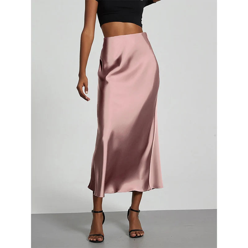 Minimalist Satin Midi Skirt  High Waist Bias Cut Flowy Hem Top for Office & Casual Streetwear