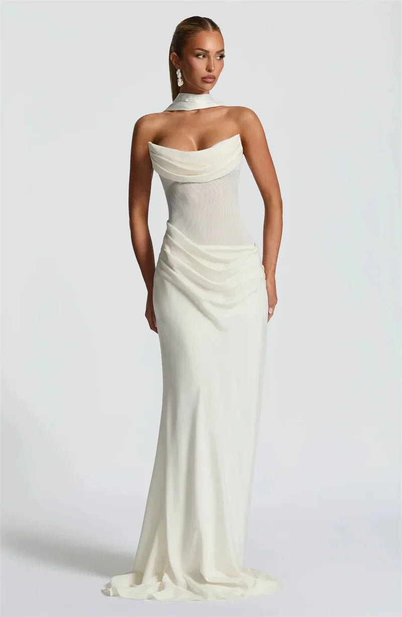 Off-shoulder Backless Sexy Maxi Dress Women Gown Elegant Scarf Collar Strapless Sleeveless Bodycon Club Party Dresses