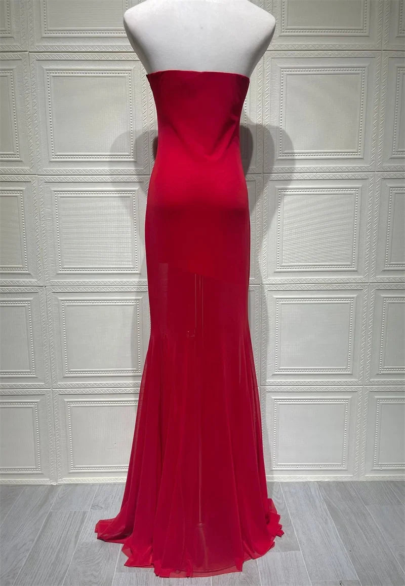 Off-shoulder Strapless Sexy Maxi Dress Women Gown Fashion Elegant Mesh Sleeveless Backless Bodycon Club Party Dresses 2025