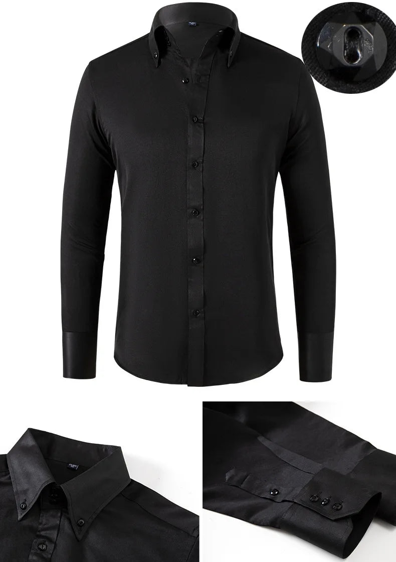Solid color shirt men's crystal button long sleeved pointed collar light luxury men's business casual men's wear