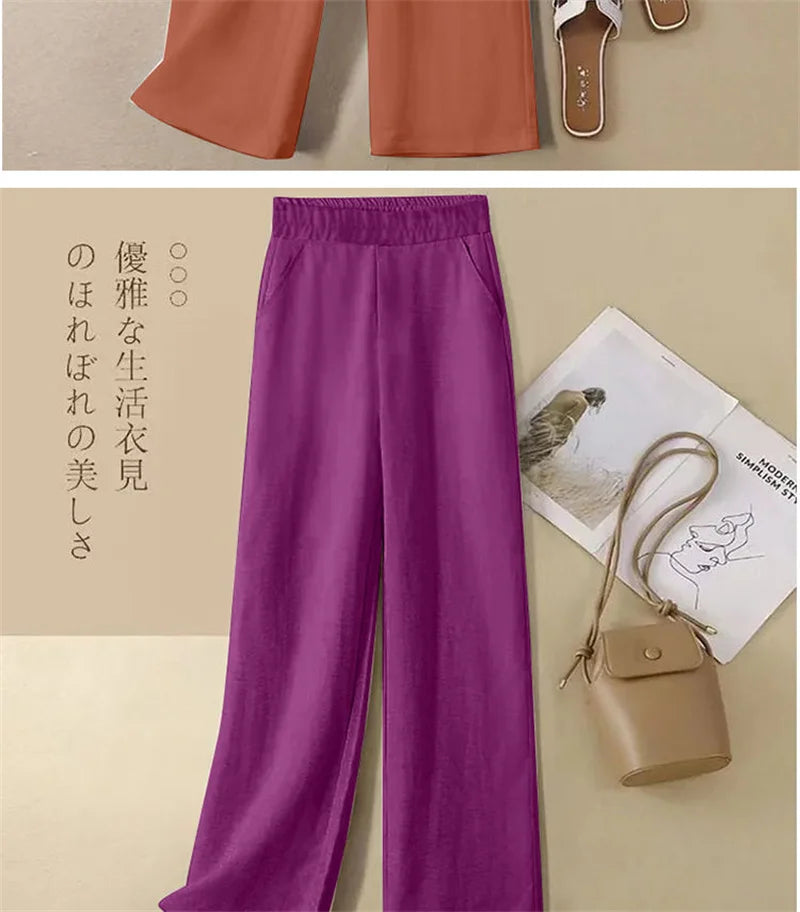 Linen Wide Leg Pants Women New Summer Thin Elastic High Waist Long Pants Autumn Casual Loose Cotton And Linen Straight Trousers
