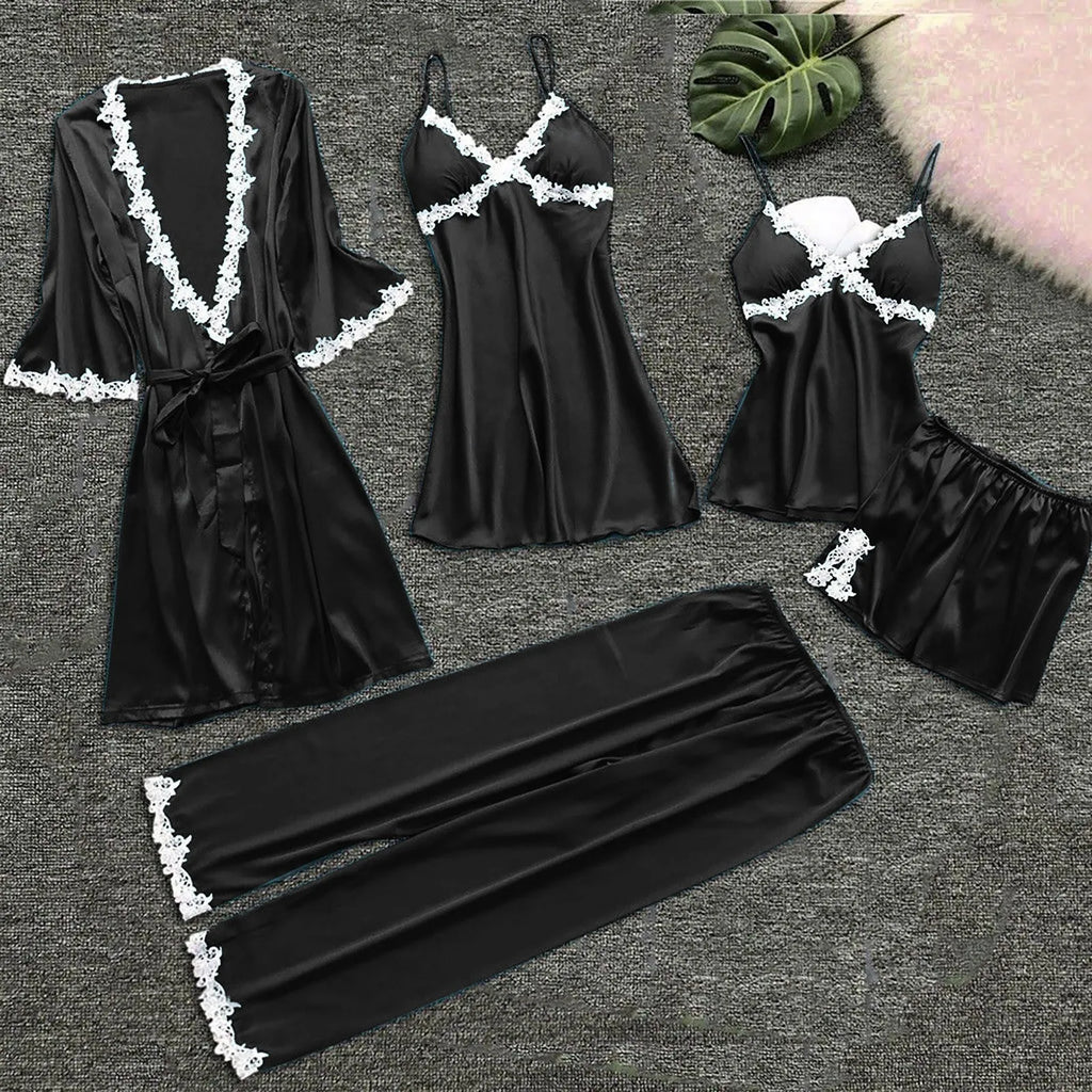 Ladies Underwear Women'S Sexy Nightgown Set 5-Piece Women Sexy Garter Lingerie Set Robes Lace Bodysuit Deep-V Neck Underwear