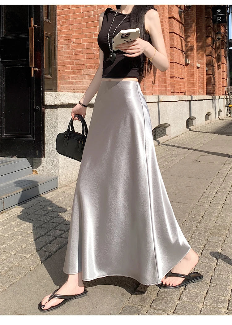 Satin Midaxi Skirt For Women Flowy Mermaid Trumpet Hem, High Waist, A Line Fit Spring Summer Autumn New Skirts
