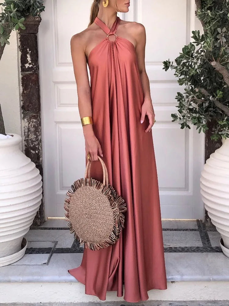 Elegant Women Solid Maxi Beach Dress Sexy Halter Neck Backless Lady Party Dress 2025 Summer Sleeveless Loose Long Dress Vestidos