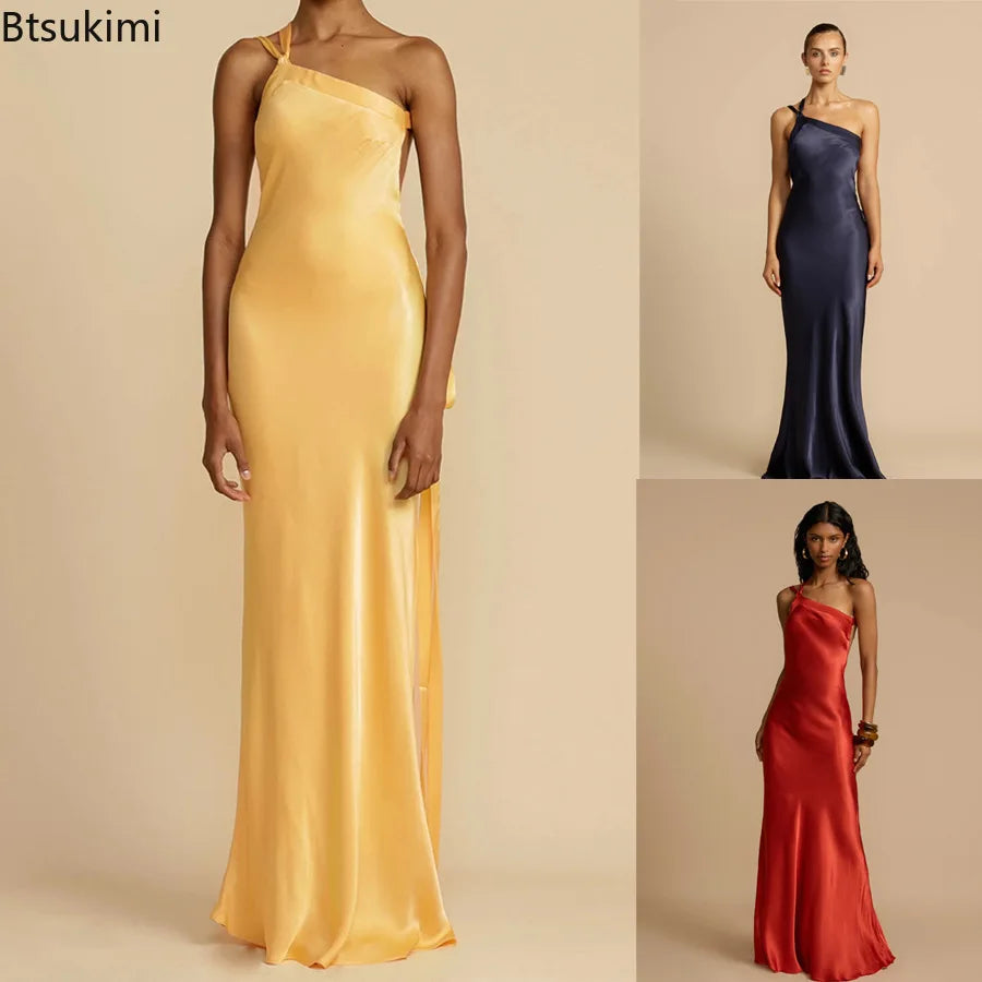 2026 Sexy Backless Maxi Dress Women's Solid Sleeveless Skew Collar Off-shoulder Elegant Party Evening Dresses for Ladies Vestido