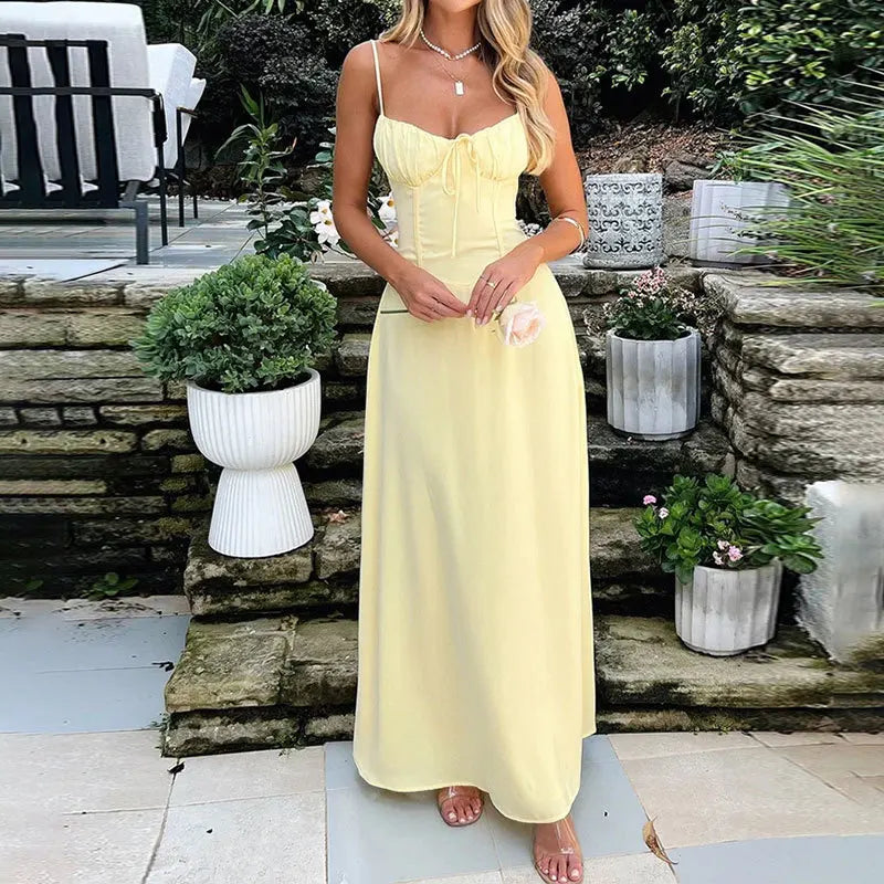 Elegant Strappy Sexy Backless Maxi Dress Women's Summer Fashion Solid Round Neck Pleated Waist Slim Evening Dress Long Dresses