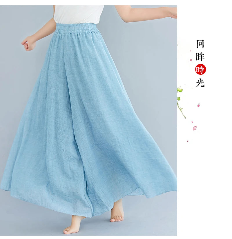 Cotton Linen Wide Leg Pants for Women Summer Casual Loose Pants High Waist Big Swing Skirt Capris Women Clothing PT-565