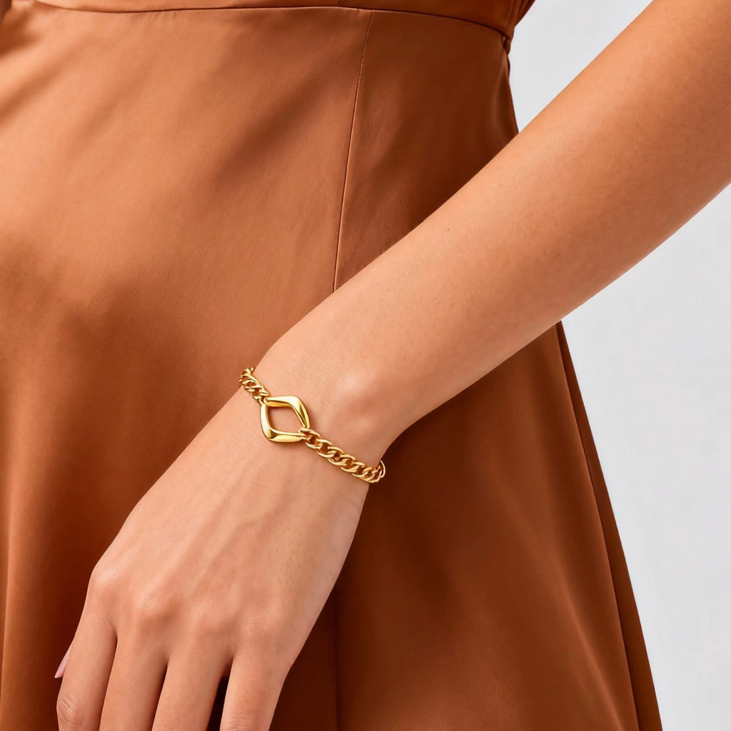 Elegant Minimalist Cuban Chain Bracelet for Women, Adjustable Hollow Geometric Stainless Steel Fashion Jewelry
