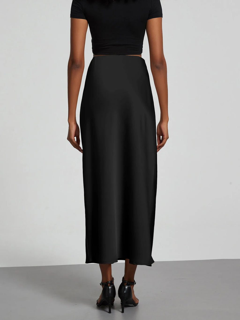 Minimalist Satin Midi Skirt  High Waist Bias Cut Flowy Hem Top for Office & Casual Streetwear