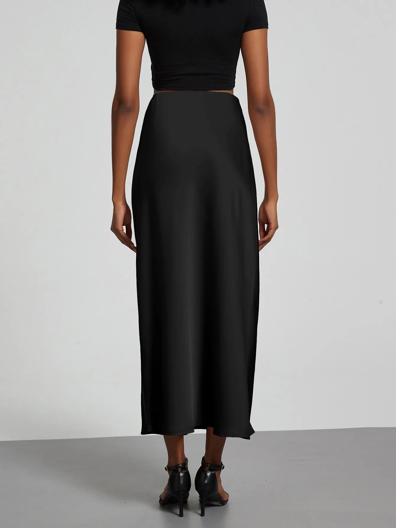 Minimalist Satin Midi Skirt  High Waist Bias Cut Flowy Hem Top for Office & Casual Streetwear