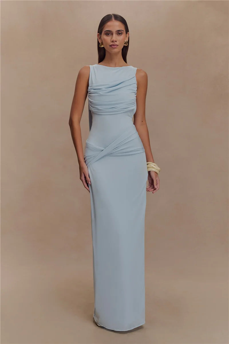 Backless Ruched Sexy Maxi Dress Women Summer O Neck High Split Bodycon Elegant Long Dress Fashion Gown Sleeveless Dresses 2025