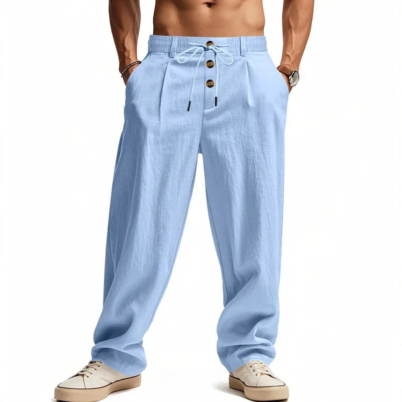 Men's Boho Linen Blend Wide Leg Pants High Waist Drawstring Button Fly Loose Fit Trousers with Side Pockets