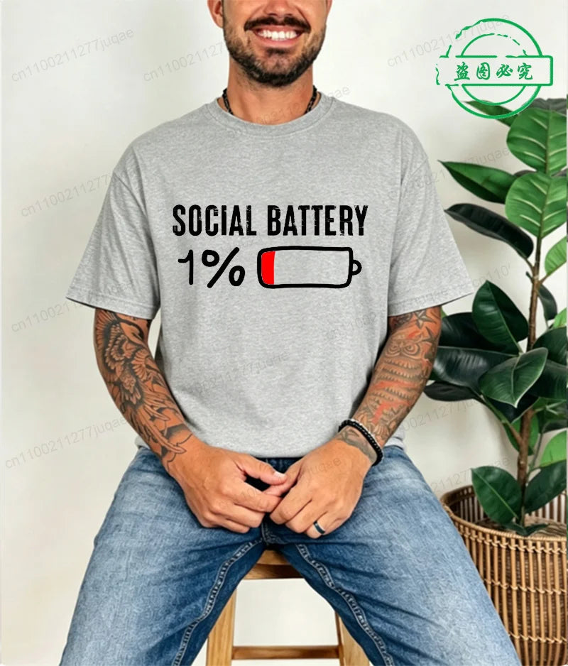 T-shirt for Men Social Battery 1 Percent Funny Introvert T Shirt Men Tops Casual Clothing Oversize Vintage Clothes Trend Tshirt