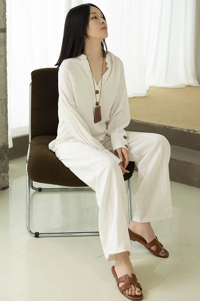 Women's Linen Lyocell Blend Wide Leg Pants Solid Color Versatile Casual Loose Straight Pants Spring Summer High Waist Trousers