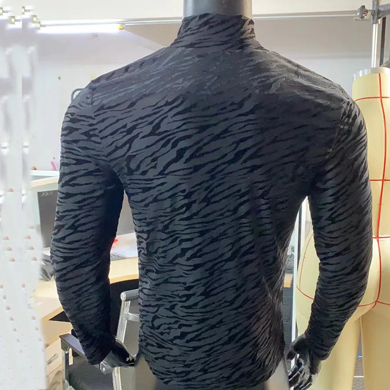 Men's T Shirt Perspective Turtleneck Long-sleeved Lace Tight Fitting T-shirt for Men Streetwear Bottoming Shirt Inside Male Tops