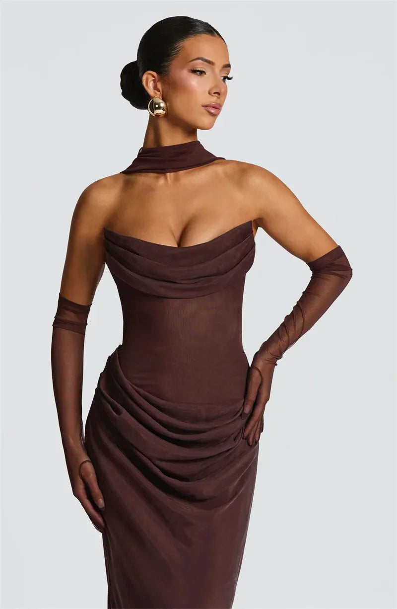 Off-shoulder Backless Sexy Maxi Dress Women Gown Elegant Scarf Collar Strapless Sleeveless Bodycon Club Party Dresses