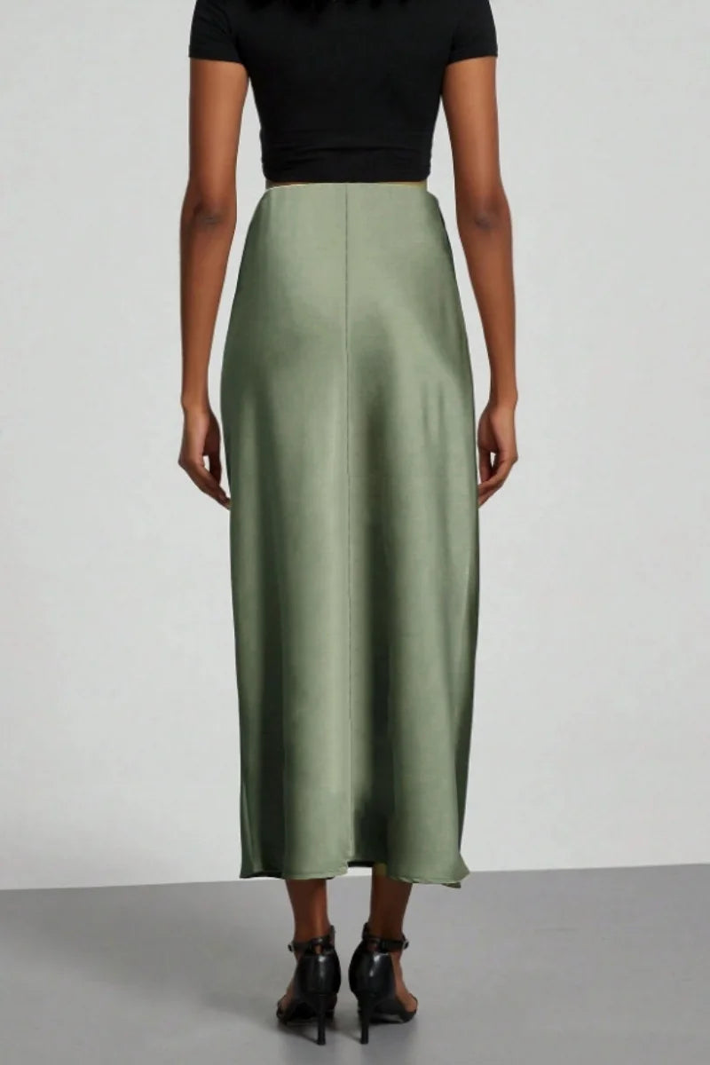 Women's Summer High Waist Silky Satin Draped Midi Mermaid Skirt Solid Flowly Bias Cut Long Slip Skirt Elegant Casual Bottoms