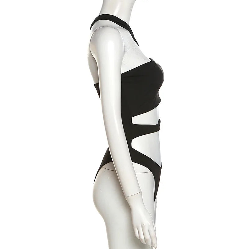 Solid Black Bodysuit Lingerie Sexy Tops For Women Club Outfit Inclined Collar Body Feminino One-pieces Hollow Out Y2k Clothes