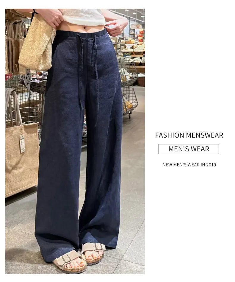 Women Navy Blue Cotton Linen Straight Wide Leg Pants 2026 New Thin High Rise Loose Lazy Fit Spring Summer Daily Casual Trousers