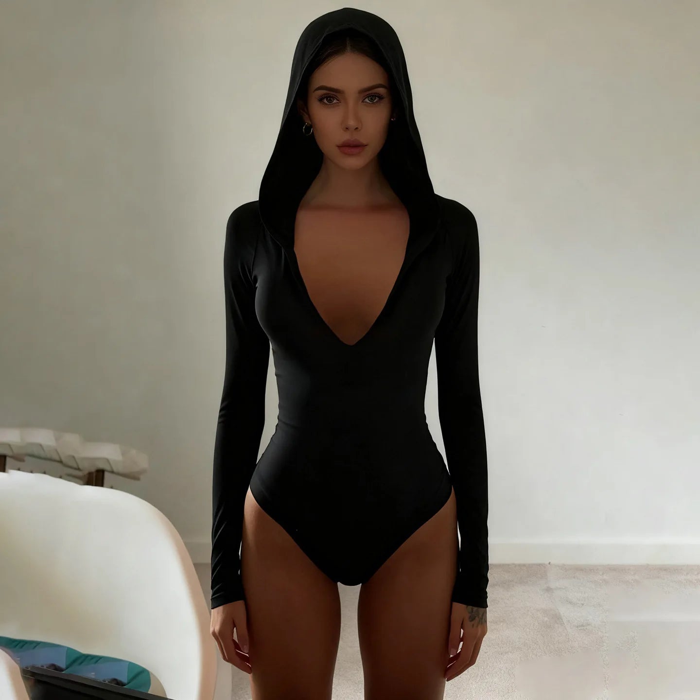 Hooded Bodysuit V-neck Body Feminino Long Sleeve Lingerie Sexy Tops Women Y2k Clothes Solid Black One-pieces Bustier Rave Outfit