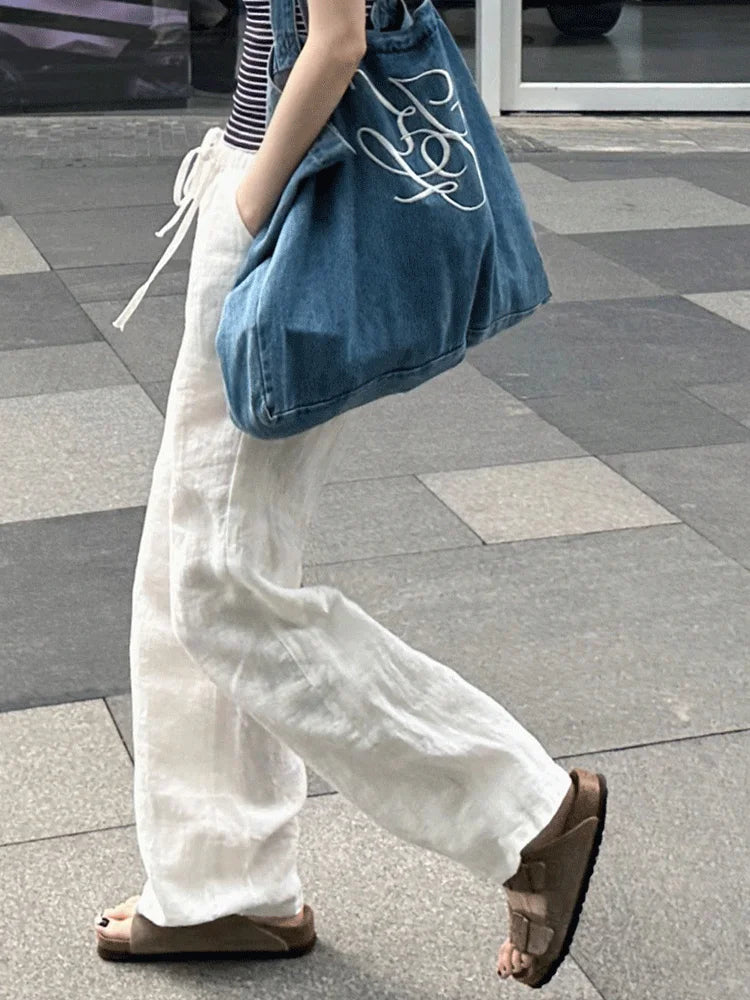 Women's Linen Wide Leg Pants Spring Summer Thin Loose Casual Straight Trousers Comfortable White